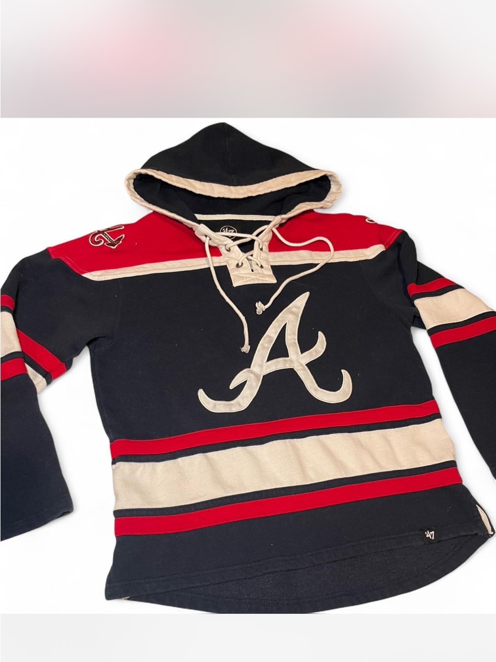 Men's Crewneck Hooded Sweater with Script 'A' - Black/Red/Cream